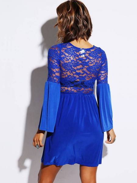 Long Flare Sleeves Pleated Skater Dress With Sheer Lace & Ruched Details