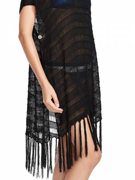 Bohemian Inspired Short Sleeve Flirty Fringed Crochet Sheer Poncho Coverups