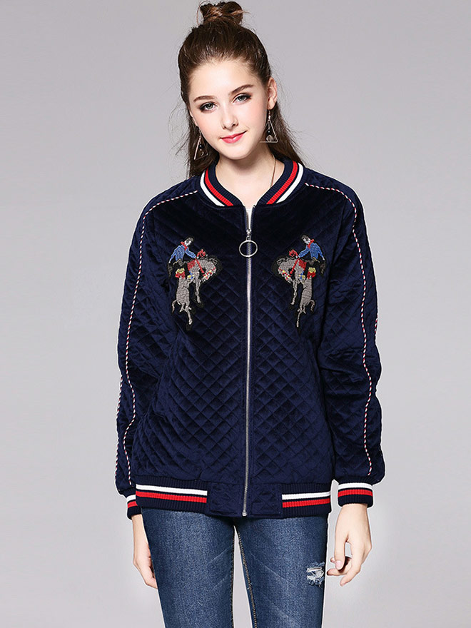 Long Sleeves Zipper Pleated Winter Bomber Jacket Womens Navy