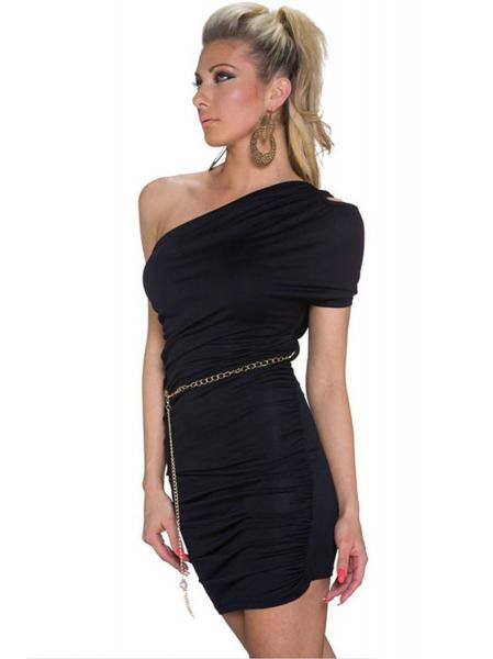 Black Sexy Cut Out One Shoulder Plicated Ruched Bodycon Mini Dress with Metallic Sashes