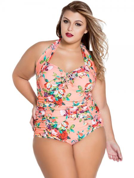 Pink Rosy Sweetheart Neckline Keyhole & Ruched Front Halter Plus Size One Piece Swimsuit