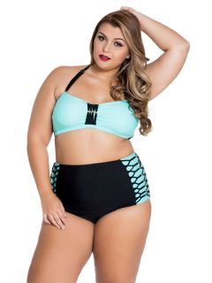 Removable Halter Strap & Padded Bandeau Plus Size High Waisted Bikini Set