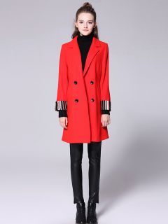 Striped Long Sleeves Double-breasted Draped Long Women Wool Pea Coat