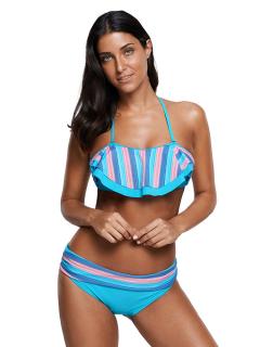 Blue Pink Striped Halter Neckline Ruffles Trim Low-waisted Padded Womens Bikini